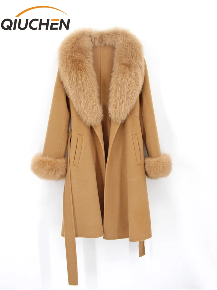 Qiuchen- pj22035 Zimné dámske kašmíru dlhé kožuchové kožuch skutočné líšky kožušinové goliere Cuffs Worlow Overcoat