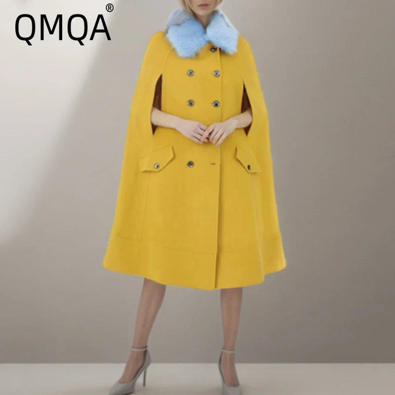 QMQA Fashion Dámske dizajnérske plášť Cloak Cloat Coats Batwing Ruckve Velvet Double Breasted Žltá vintage vrchné odevy Žena Jeseň New 1A634