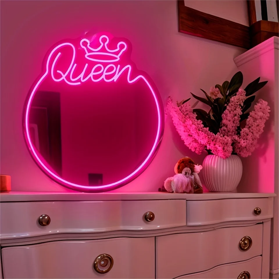 Queen Crown Mirror Neon Signs for Home Decor Decor Strieborné zrkadlo LED Neónové znaky pre párty dekorácie Mirror Mirror Kau Kau Kau Salon Neónové svetlá