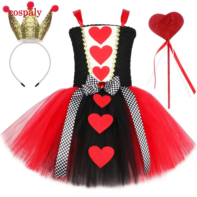 Queen of Hearts Costume Girl Karneval Party Tutu Dress Up oustland Red Queen Cosplay Halloween kostým pre deti ozdobné oblečenie