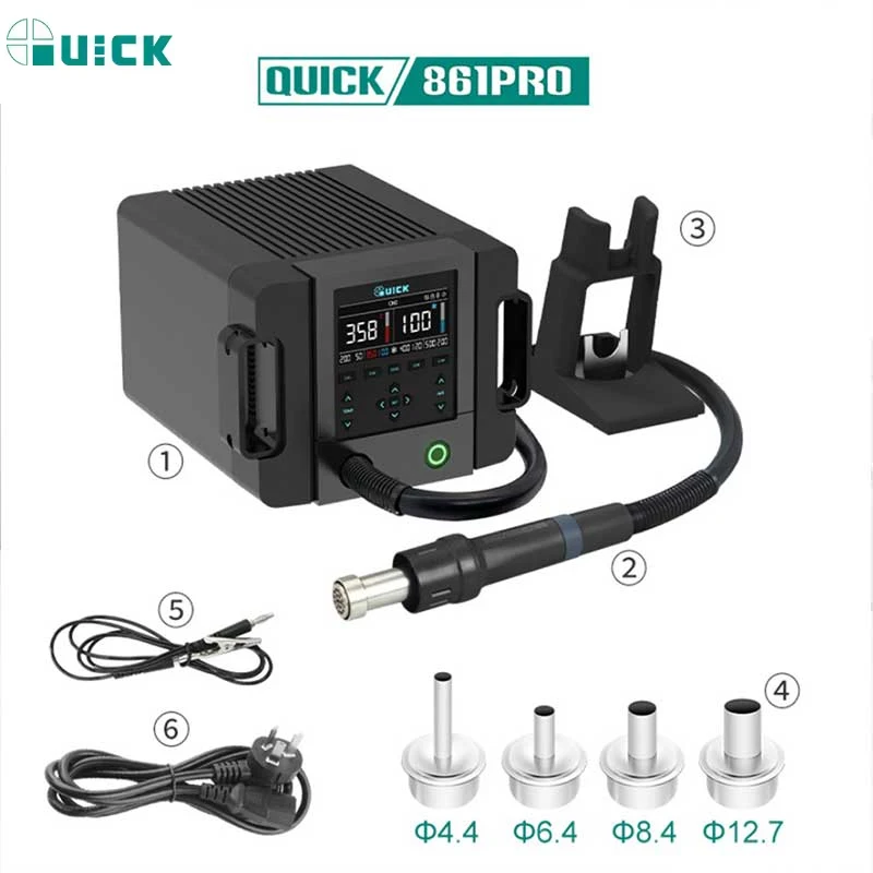 Quick 861 Pro Smart Tri Programovateľná teplota Nízky hluk 1300 W High -Power hlasová regulácia Heat Gun Desoldering Station