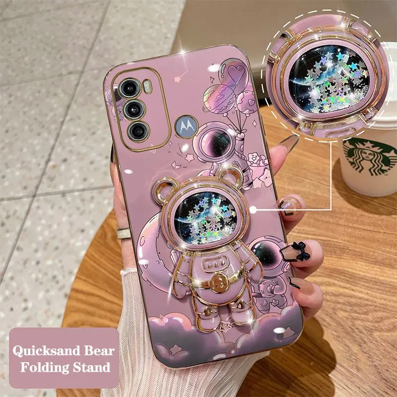 Quicksand Astronaut Plating Phone Držiteľ puzdro pre Motorola Moto G60 G53 G50 G42 G30 G20 G22 G52 E20 Plus G9 Play G8 Power Cover Cover