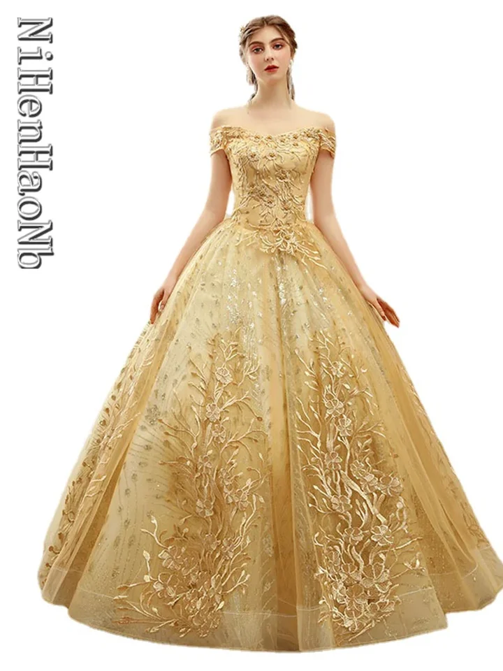 Quinceanera šaty svadobné šaty červené kráľovské modré zlaté guľôčkové šaty čln s výšivkou