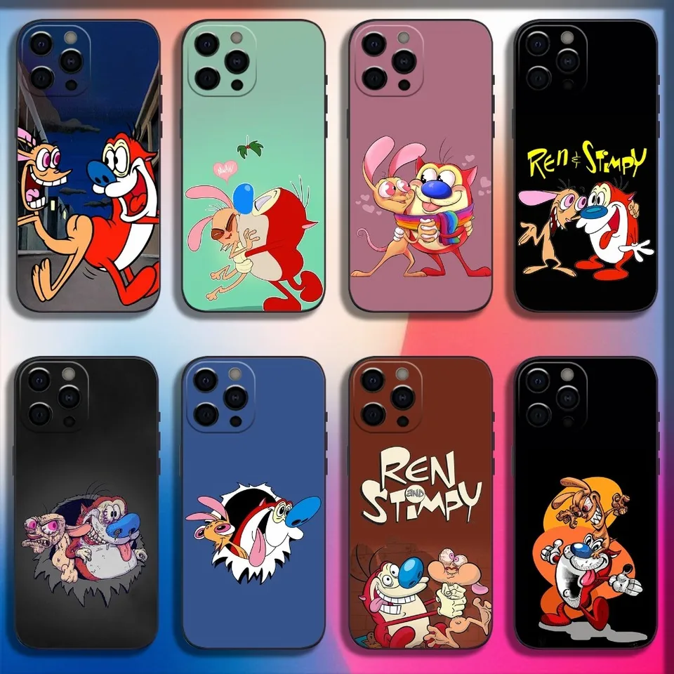 R-Ren zobrazuje S-Stimipy Pase Pase pre iPhone 16,15,14,13,12,11, Pro, X, XS, Max, XR, Plus, Mini Soft Black Cover