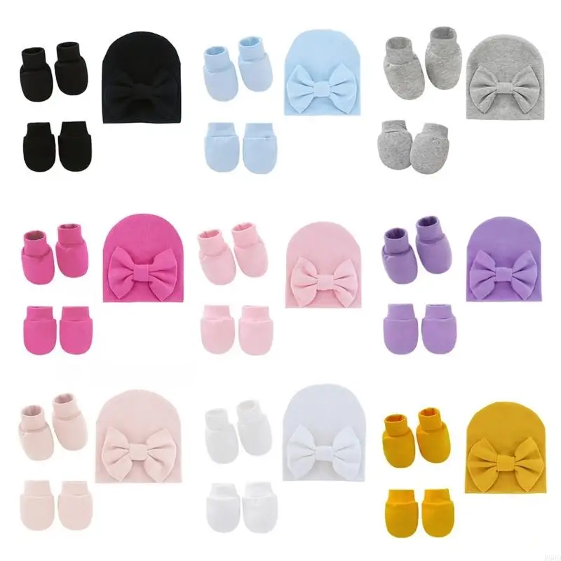 R66d baby bowknot klobúk bez škrabancových rukavíc nôh na krup
