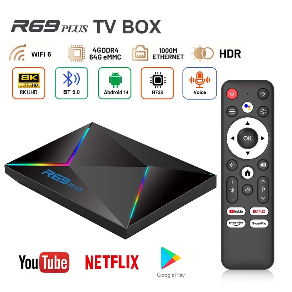 R69 PLUS Android 14 Globálna verzia Smart TV Box WiFi 6 Allwinner H728 8K Vysoko výkonný viacjazyčný streamingový prehrávač médií
