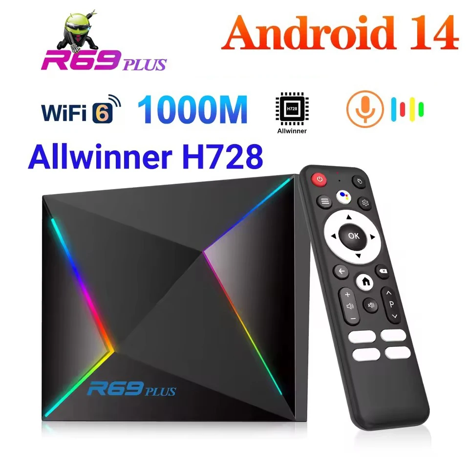 R69 Plus Android 14 SMART TV Box 4G 32G 64G Allwinner H728 OCTA-CORE 4K 8K HD 1000M LAN WIFI6 Player Médiá Set TOP Box TVBOX TVBOX