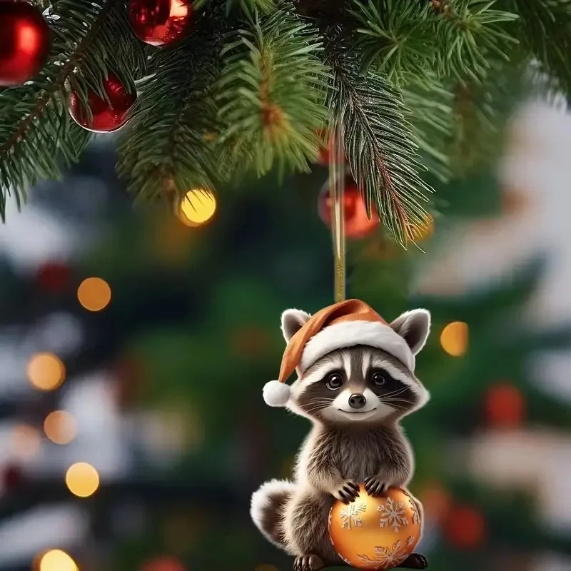 Raccoon Keychain Cartoon Lovely Santa Hat 2D akrylové zvieracie kľúče dekor pre auto zrkadlo, slávnostné, domáce, Christma Stree Gift Women