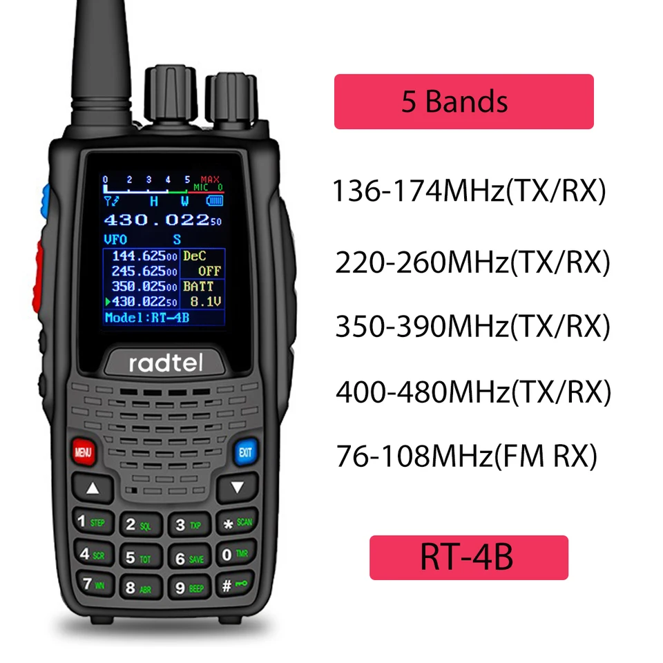 Radtel RT-4B 5 pásma Amatérske obojsmerné rádio 200C Ham Walkie Talkie vox dtmf 2 tón 5 tón SOS Color LCD Policajný skener FM Radio Radio