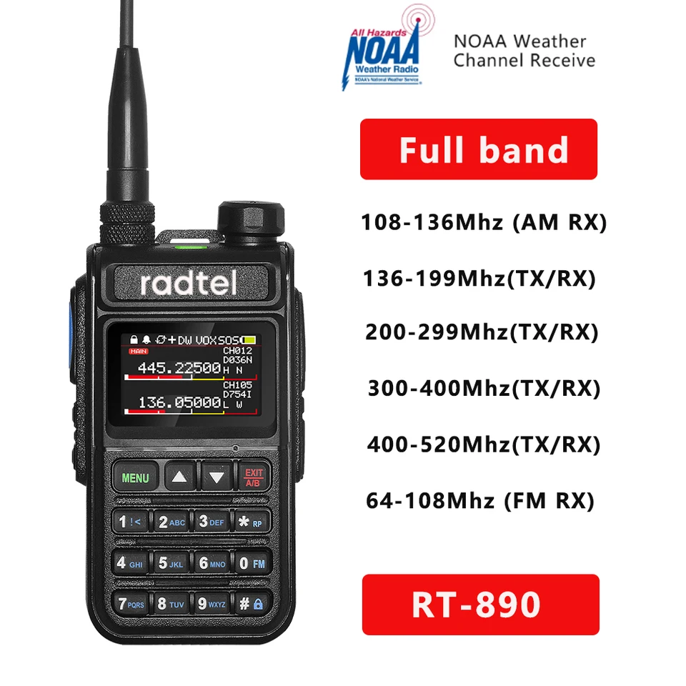 Radtel RT-890 NOAA Weather Channel 6 Band Ham Amateur 2 Way Radio 999ch Walkie Talkie Am Air Aviation Band Color Scanner Marine