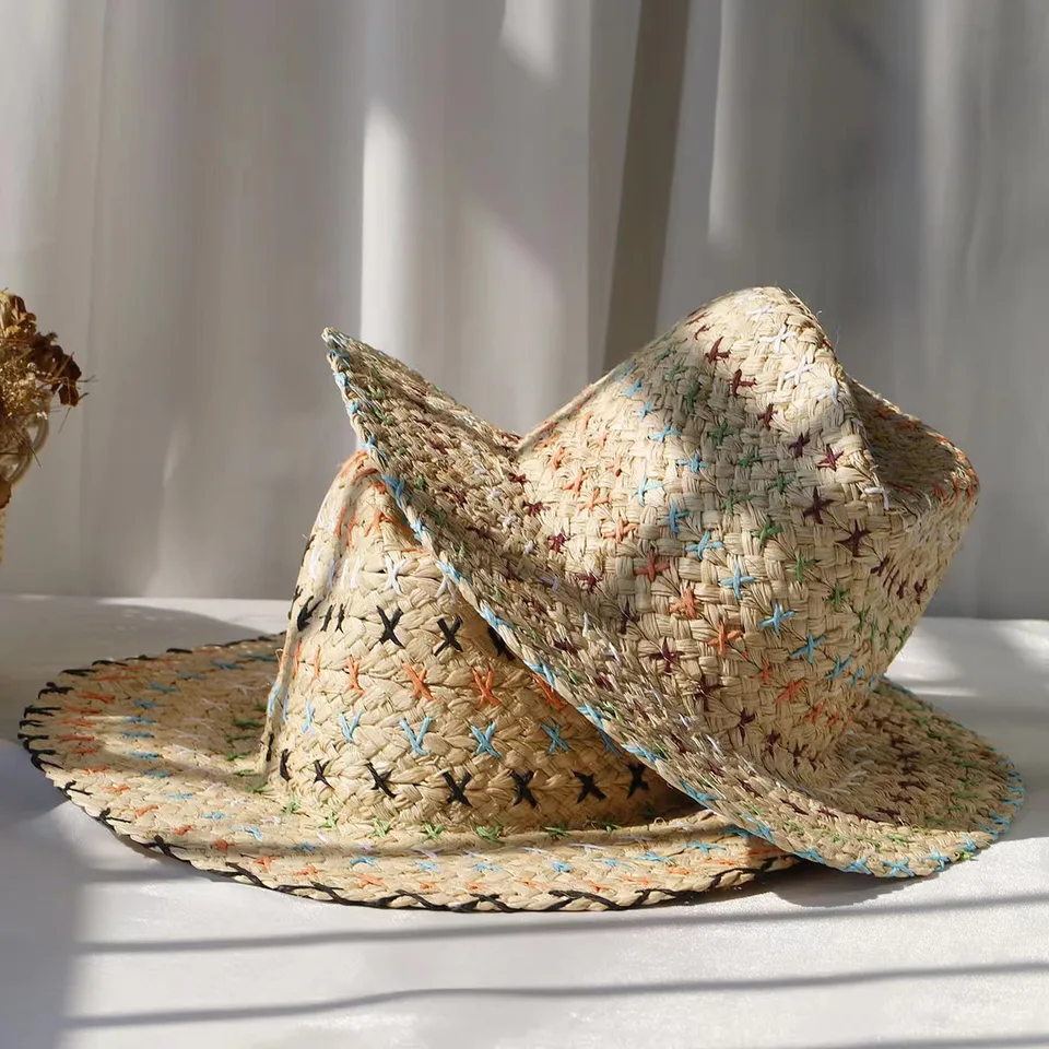 Raffia Straw Hat pre ženy České farebné prešívané slamené klobúky Lady dovolenka slnečné klobúky pláž letná dovolenka Jazz klobúk Panama