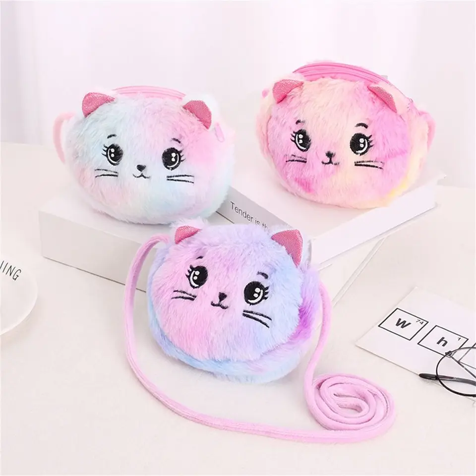 Rainbow Color Cat Messenger Bag Careka pre deti mini krásne vrecká plyšové plyšové bábiky mäkké kabelky darček pre dievčatá
