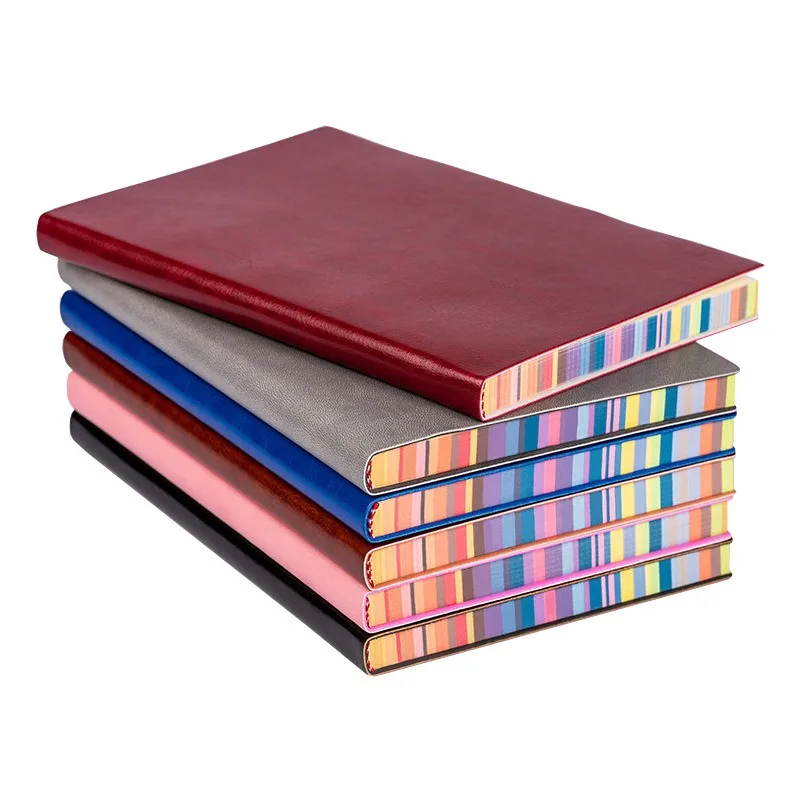 Rainbow Color Edge Roztomilý notebook 200 strán notebook A5/A6 PU mäkká kožená obálka farebný okrajový notebook Zhruba kniha denníka