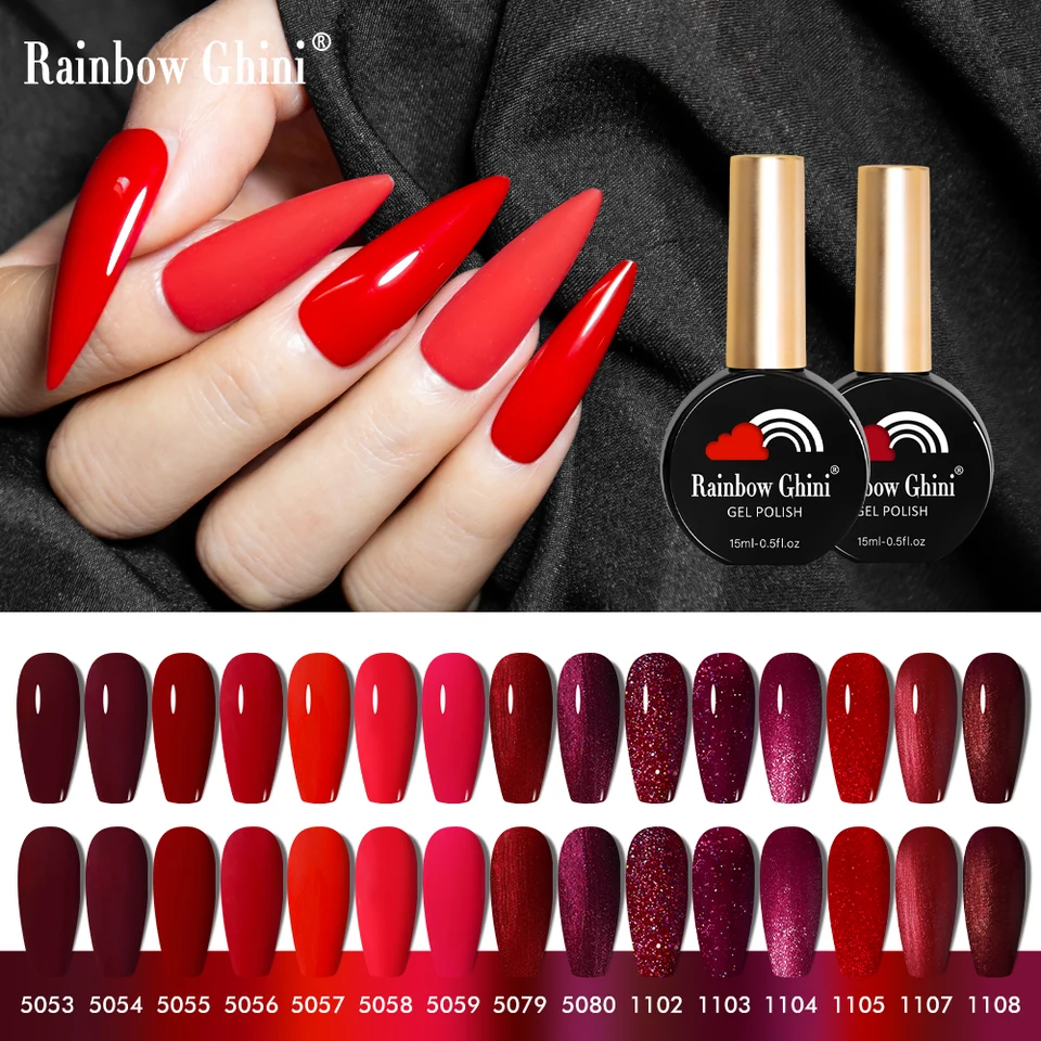 Rainbow Ghini 15 ml Glitter tmavo červený gél na nechty lak polotrvalý lak UV bledý červený nechtový gél pre profesionálov