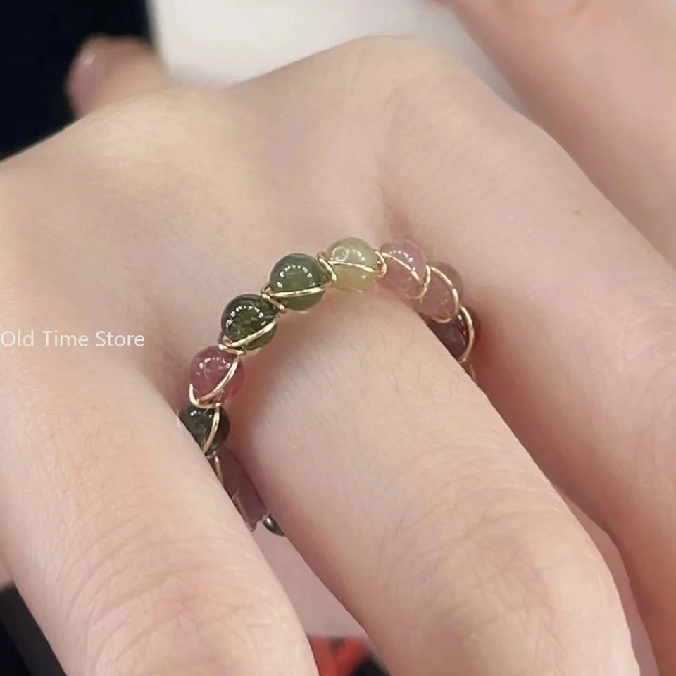 Rainbow Tourmaline Ring Módny multi-pokladový guľôčkový prsteň Žena výklenok špičkový zmysel pre ukazovák prst