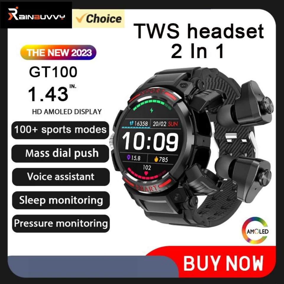 RAINBUVVY GT100 Sports Watch 2 in 1 TWS Wireless Slúchadlá Smart Watch IP67 Life WilooProof s miestnou hudbou Call Men Watch