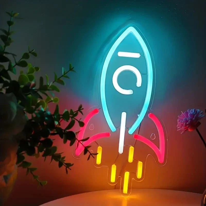 Raketová neónová značka, vesmírna kyvadlová LED značka Svetlo pre stenu, USB Power Night Light Creative Darček pre detskú vesmírnu herňu