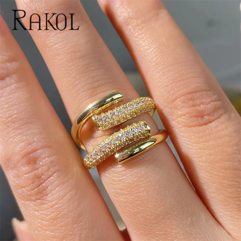 Rakol Gold Color Micropave Cubic zirkónia otváracie prstene pre ženy módne viacvrstvové kovové prsteňový prsteň svadobné oslavy šperky