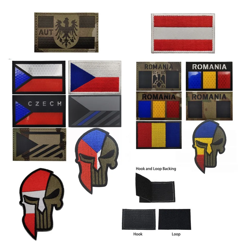 Rakúsko Rumunsko Česká vlajka Reflexná kúzla Patch Vojenský náramok BAG Odznak vojak vyšívaný tkanina Patch Patching Patching