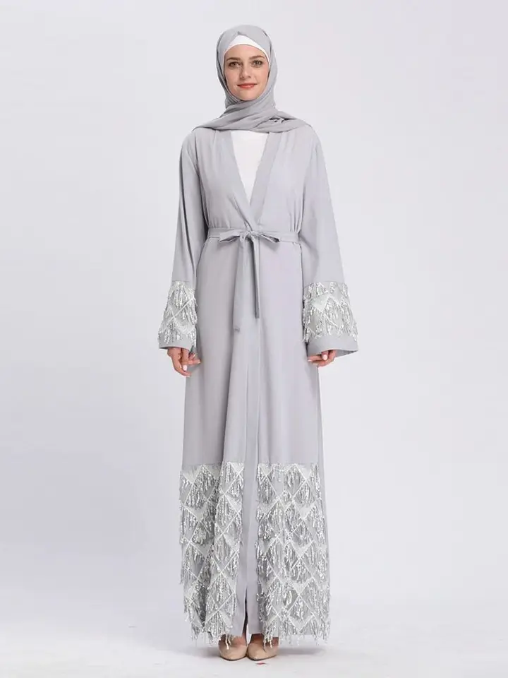 Ramadan Eid Grey Kimono Abaya Damen Dubaj Islam Ženy Moslimské skromné ​​šaty kebaya kaftan rúž Mulmane Caftan Marocain femme