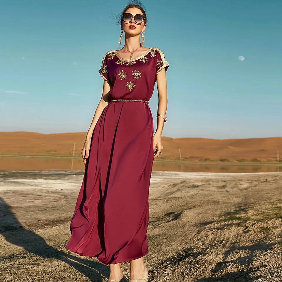 Ramadán satéín Dubai Abaya Turecko Islam arabský moslimský večer maxi šaty pre ženy rúž femme Musulmane Caftan Marocká vestidos