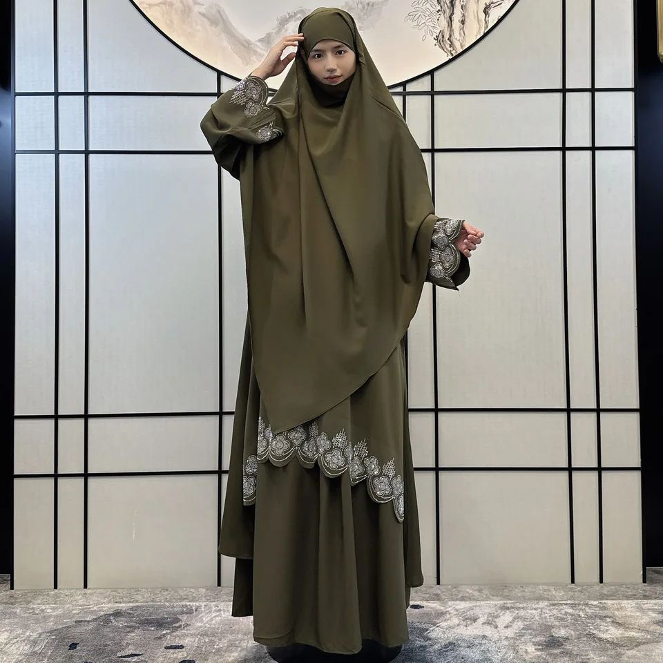 Ramadán trojdielny set Diamonds modlitba abaya pre ženy khimar hidžáb šaty elastická sukňa sukne moslimský kaftan rúcho islam oblečenie