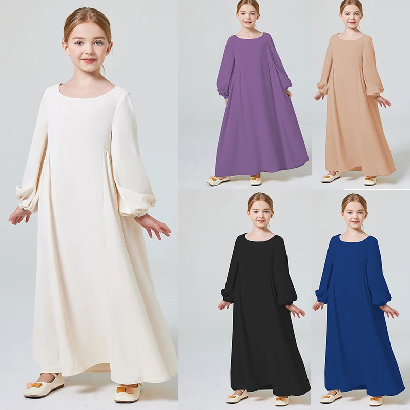 Ramadánske dievča abaya moslim Elegantné pevné posádky krk s dlhým rukávom Kaftan Detské šaty na modlitbu