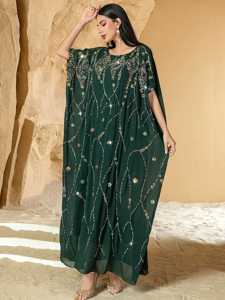 Ramadánske flitrové výšivky Abayas pre ženy 2025 Eid Djellaba Moslimské večerné párty šaty Turecko Kaftan Dubai Abaya Islam Clothing
