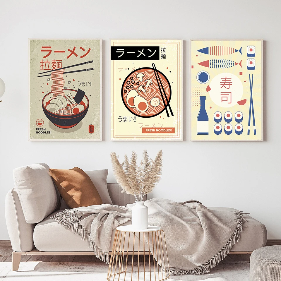 Ramen rezance s vajecmi plagát plagát janpanese vinatge sushi maľba retro kuchyňa reštaurácia nástenná dekorácia