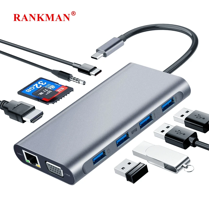 Rankman USB C Hub to RJ45 4K HDMI-kompatibilný typ typu C VGA SD TF USB 3.0 PD Dock pre MacBook iPad Samsung S21 DEX TV TV LAPTOP MOST
