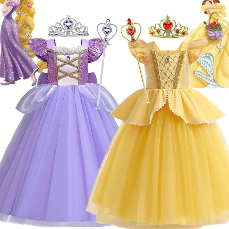 Rapunzel Princezná šaty Halloween Cosplay Beauty and The Beast Belle Costy Girls Fližby Fluffy Birthday Party Ball Gown 3-10T