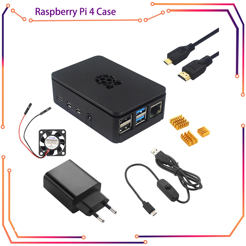 Raspberry Pi 4 puzdro Plastové škrupiny Abs Crysure Box s chladiacim ventilátorom Featsink Power Adapter Card HDMI kábel pre RPI160