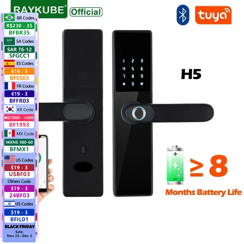 RayKube H5 Biometrický odtlačok prstov inteligentný zámok dverí prostredníctvom aplikácie Tuya Bluetooth Remote Unlock/ Key/ Heslo/ IC karta/ odomknutie odtlačku prstov