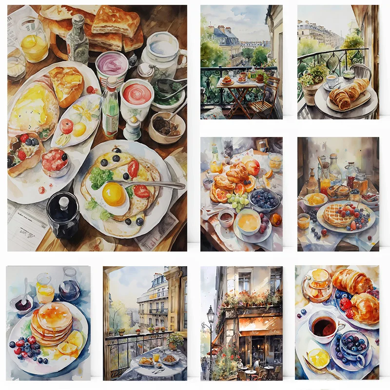 Raňajky Paríž Watercolor Delicious Kitchen Plagát Tlač nástenných umeleckých obrázkov plátno maľba obývacia izba spálňa domov dekorácia darček