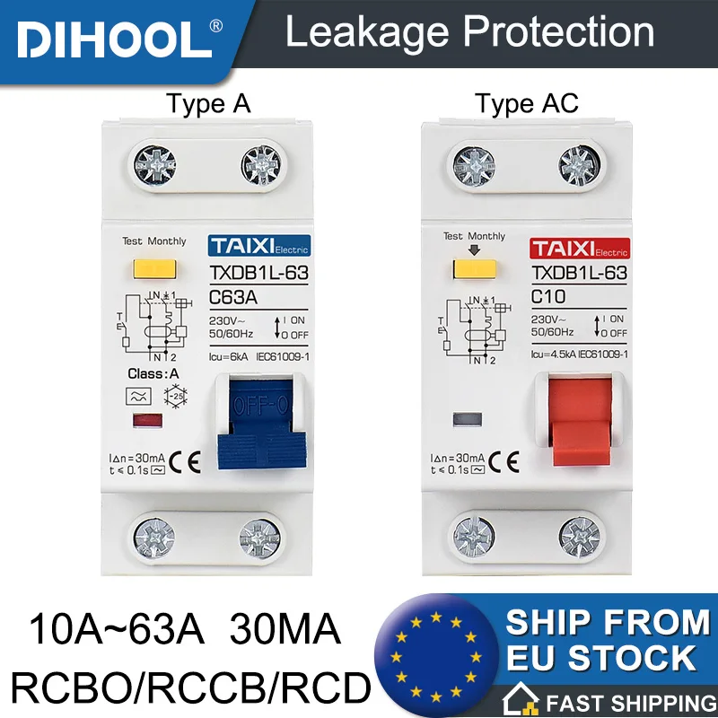RCD typu A RCBO Zvyškový prúd obvodu, 230V AC 10A ~ 63AMP preťaženie preťaženia ochrany na zem Hermal-Magnetic Trip