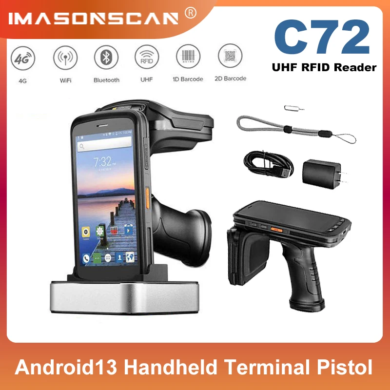 Readér RFID UHF RFID PDA 840-960MHz Android13 ručný terminálny čiarový skener NFC 4GB 64 GB Pištoľový zberateľský zberateľský reťaz C72