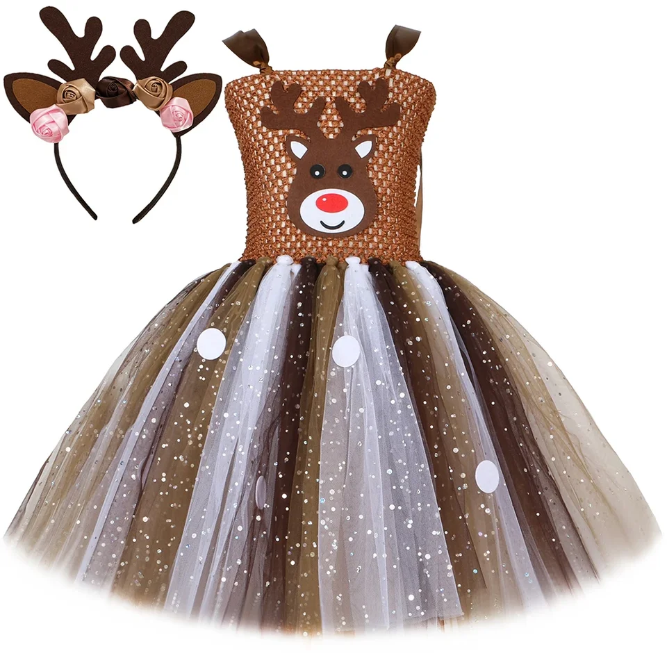 Realideer Deer kostým pre dievčatá vianočné šaty trblietavý hnedý jeleň tutu šaty batoľa deti vianočné párty halloween oblečenie oblečenia