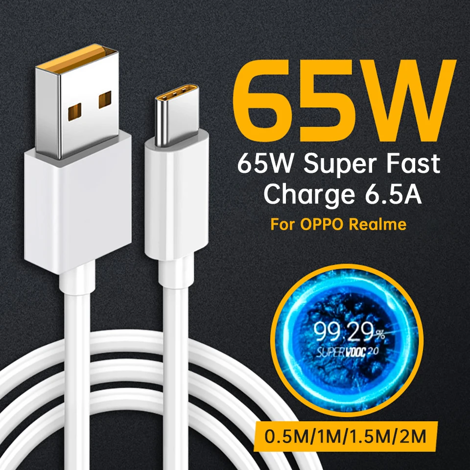 Realme 6.5a Super rýchle nabíjanie Rapid Cable Superdart Superdart Real Me GT 5G Narzo 30 Oppo Reno 7 6 Nájdite x3 x2 Pro Typ C 65W