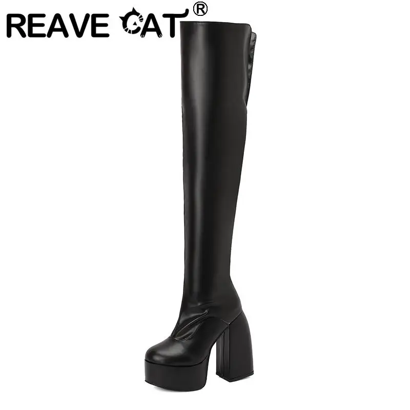 Reave Cat 2024 Ženské stehenné topánky Round Toe Block podpätky 14cm Platform Hill Hill 5 cm Veľkosť 47 48 módne večierky Stretch Bota