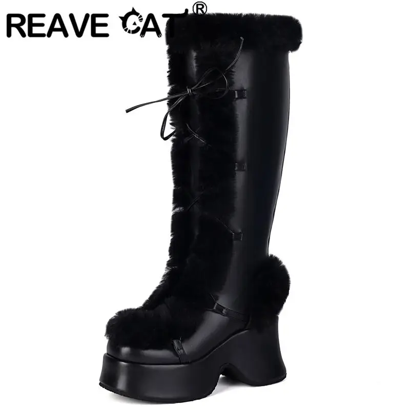 Reave Cat Women Winter Knee High Boots Round Toe Block Heels 8,4 cm Platforma 4,4 cm čipky Up Furry Warm Snow Bota Veľká veľkosť 41 42 43