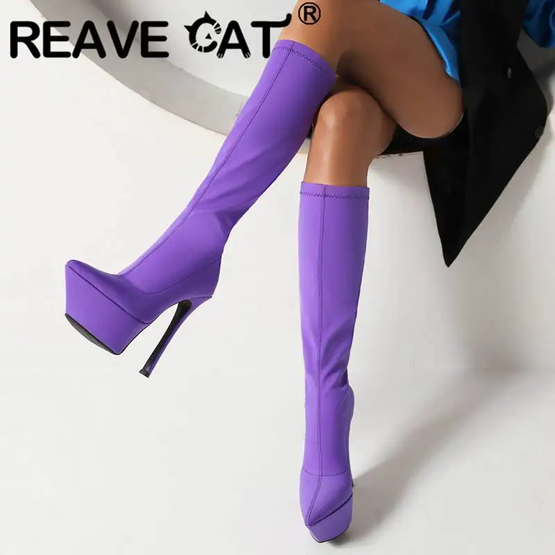 Reave mačka natiahnuté kolenné topánky 36 cm satén špicaté špicaté päty na nohách 14 cm platforma 5 cm veľkej veľkosti 43 sexy párty sklz na topánkach