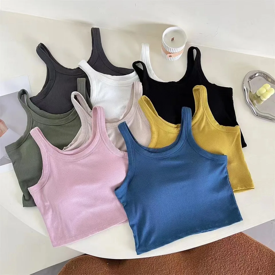 Rebrované pletené backless plodiny top ženy sexy štíhle príležitostné základy Solid športové nádrže s vstavanou v podprsenke Pad Pad Vest Top Top