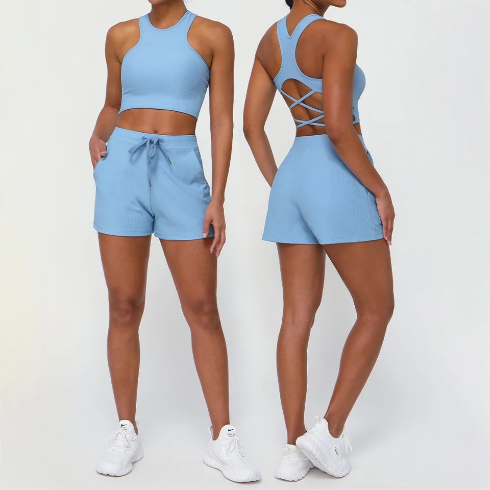 Rebrované príležitostné športové oblečenie priedušné rýchle suché cvičenie oblečenie nárazovou podprsenkou štrbiny s vreckami jogy fitness 2pcs