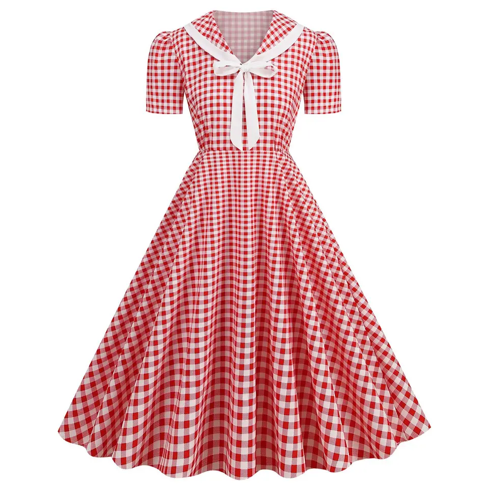 Red Plaid retro letné šaty Ženy 2025 módne luk V-krk krátky rukáv Vintage Party Office Dress Swing Vestido Feminino