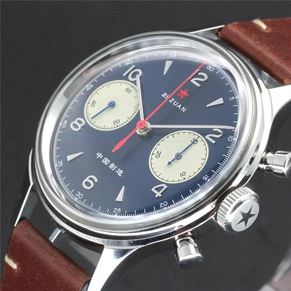 Red Star Vintage Mens Chronograph Ručne vinutie hodinky 1963 Pohyb čaju Acryl/Sapphire Deep Blue Pilot Pilot s husím