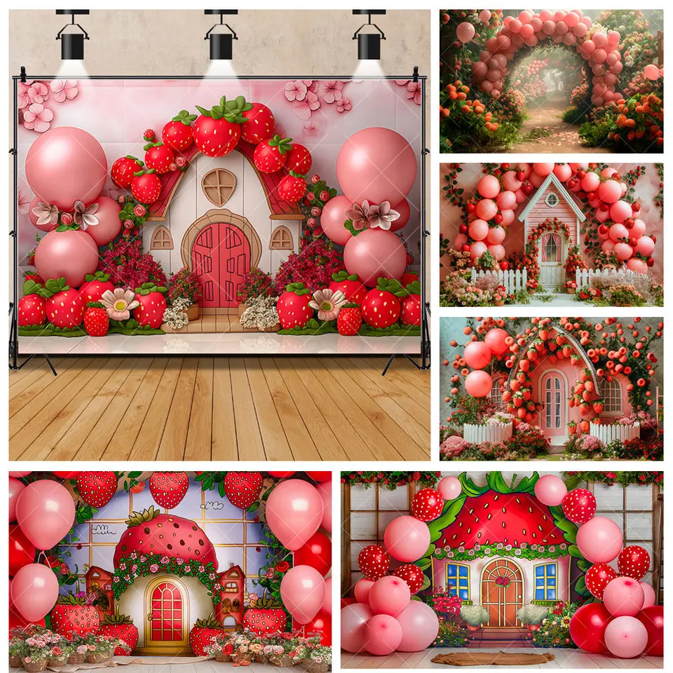 Red Strawberry Berry House Balloonarch Girl Boy chlapec dieťa dieťa sprcha k narodeninám oslava koláč Smash pozadie vlastné dekorácie Photo pozadia