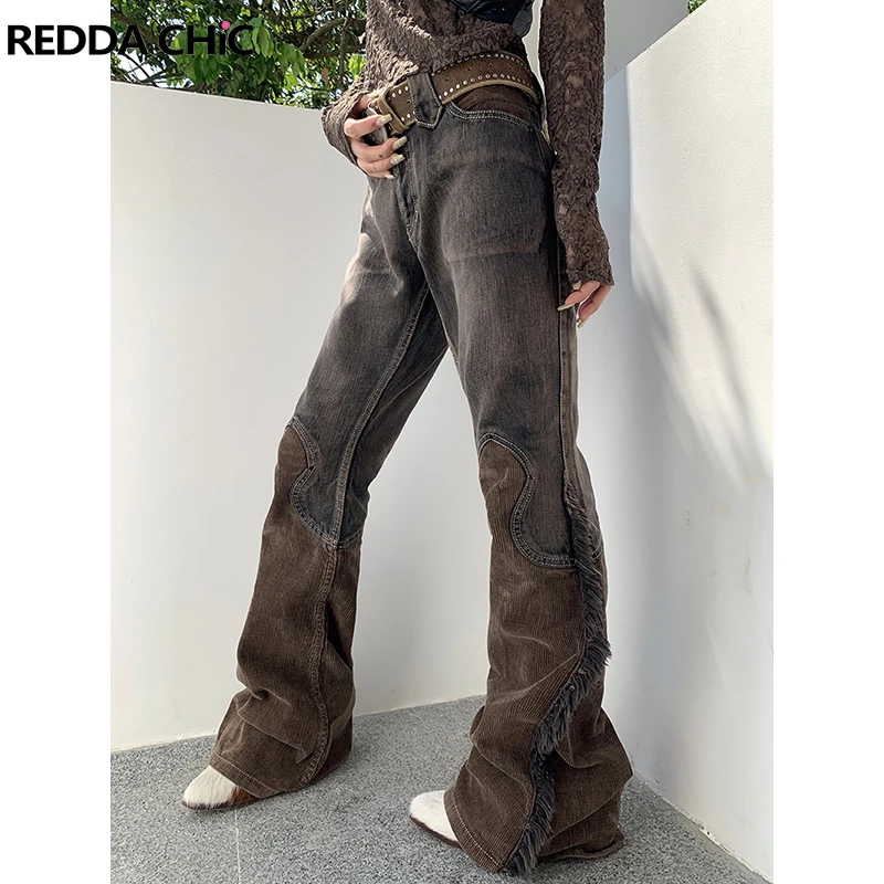 Reddachická ikona napodobňovaná patchwork Corduroy Flare Jeans Ženy Tassel Frayed Bootcut Pants High Apar Y2K nohavice vintage oblečenie