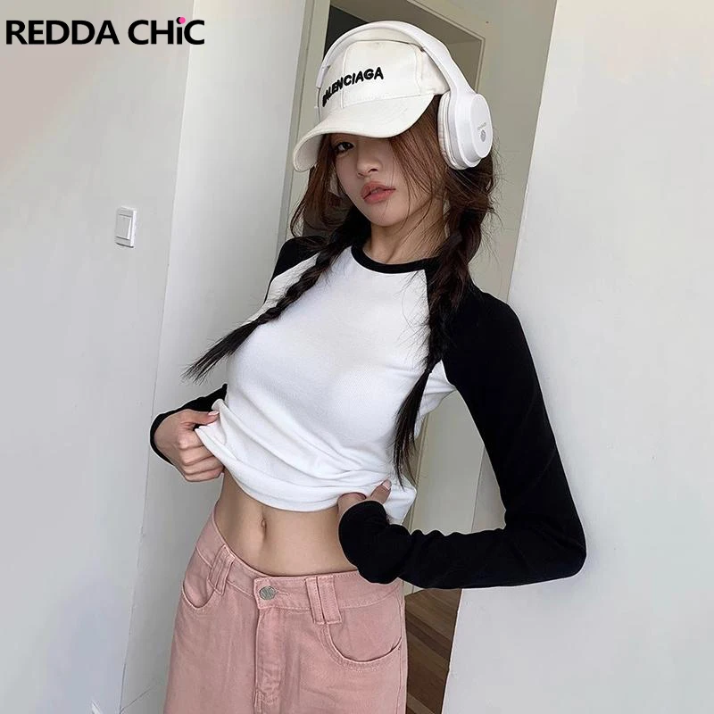 Reddachické jeseň kontrastné dlhé rukávy Tričko Rábla Raglan Plodina Top Rounded Casual Basic Acubi Fashion Kórejské streetwear