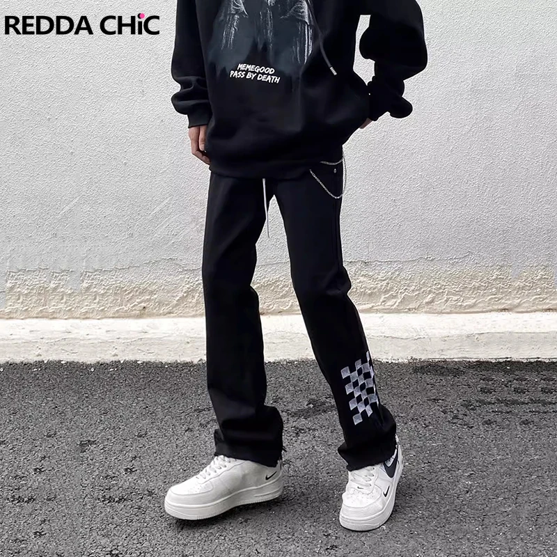 Reddachické kockované patchworky Rovné džínsy pre mužov Slim Fit Raw Edge Denim Pencil Pants Hip Hop nohavice Harajuku Streetwear