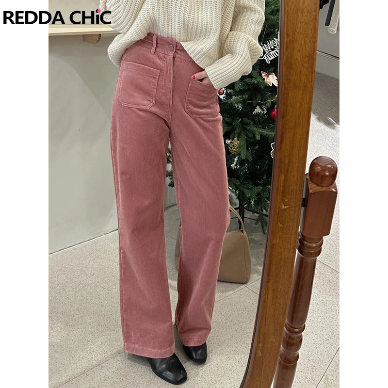 Reddachické minimalistické ženy ružové nohavice Corduroy Zimný salónik Plain vysoký pás Rovné široké nohavice dlhé nohavice Kórejské denné opotrebenie